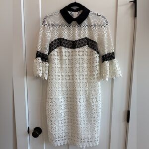 Nanette Lepore White Black Crochet Peter Pan Collar Bell Sleeve Dress Size 2 A19